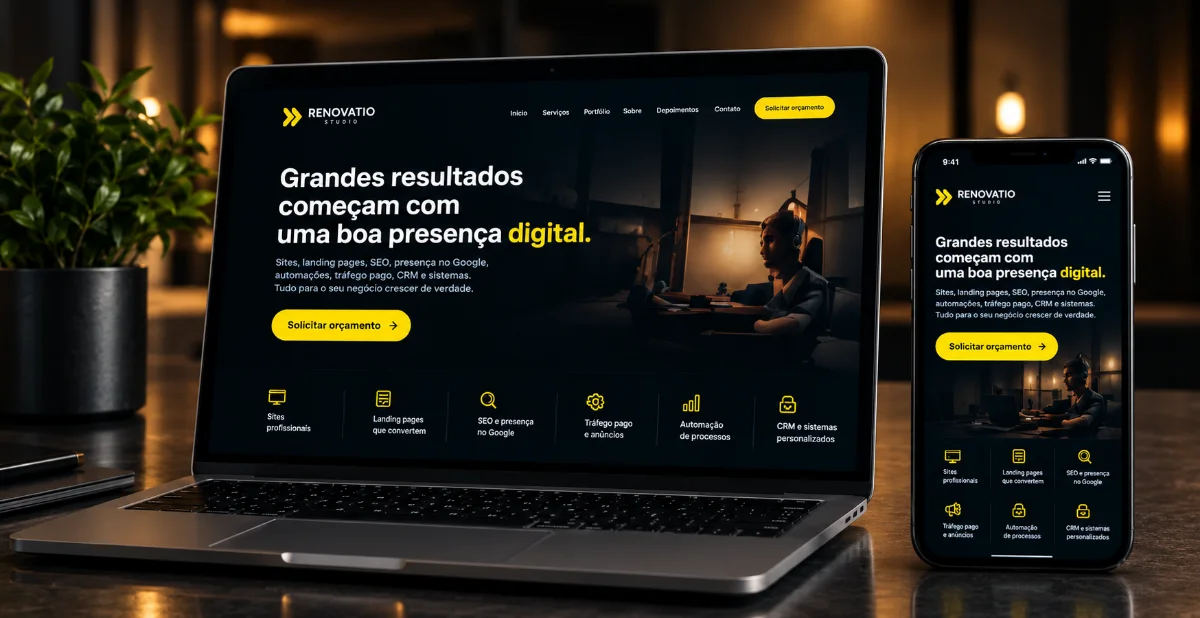 Um site da Renovatio aberto em notebook e celular.