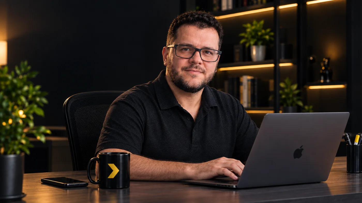 Thiago Bomtempo, da Renovatio Studio, trabalhando no escritório.