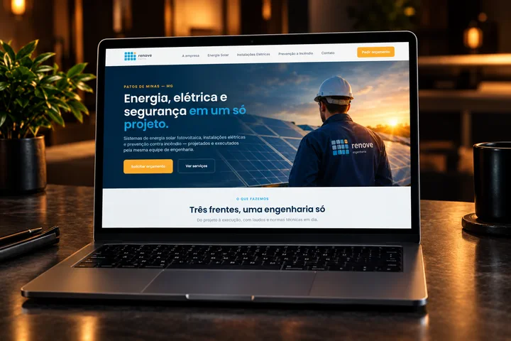 Site da Renove Engenharia aberto em um notebook.